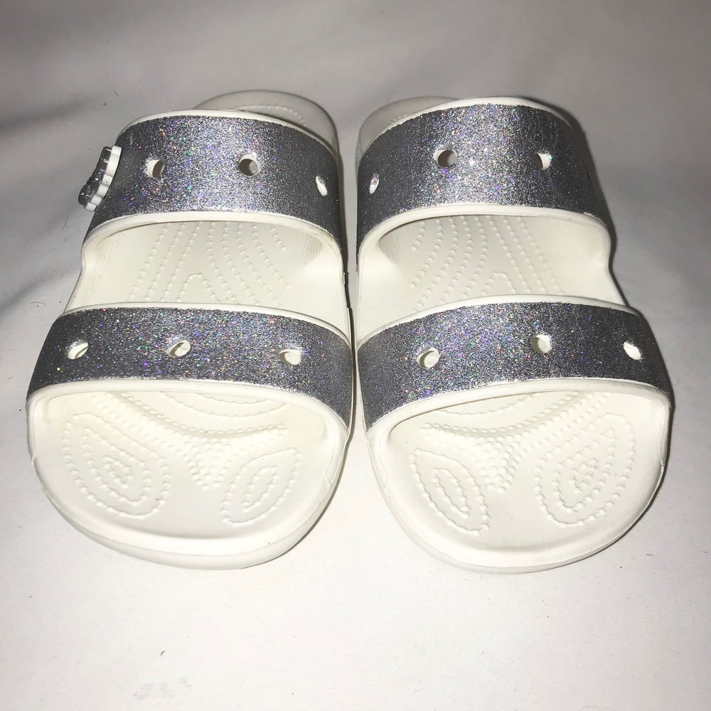 Crocs Classic Glitter Sandals Silver Strap Slides Womens 7 Mens 5 Comfort Summer - Picture 5 of 13